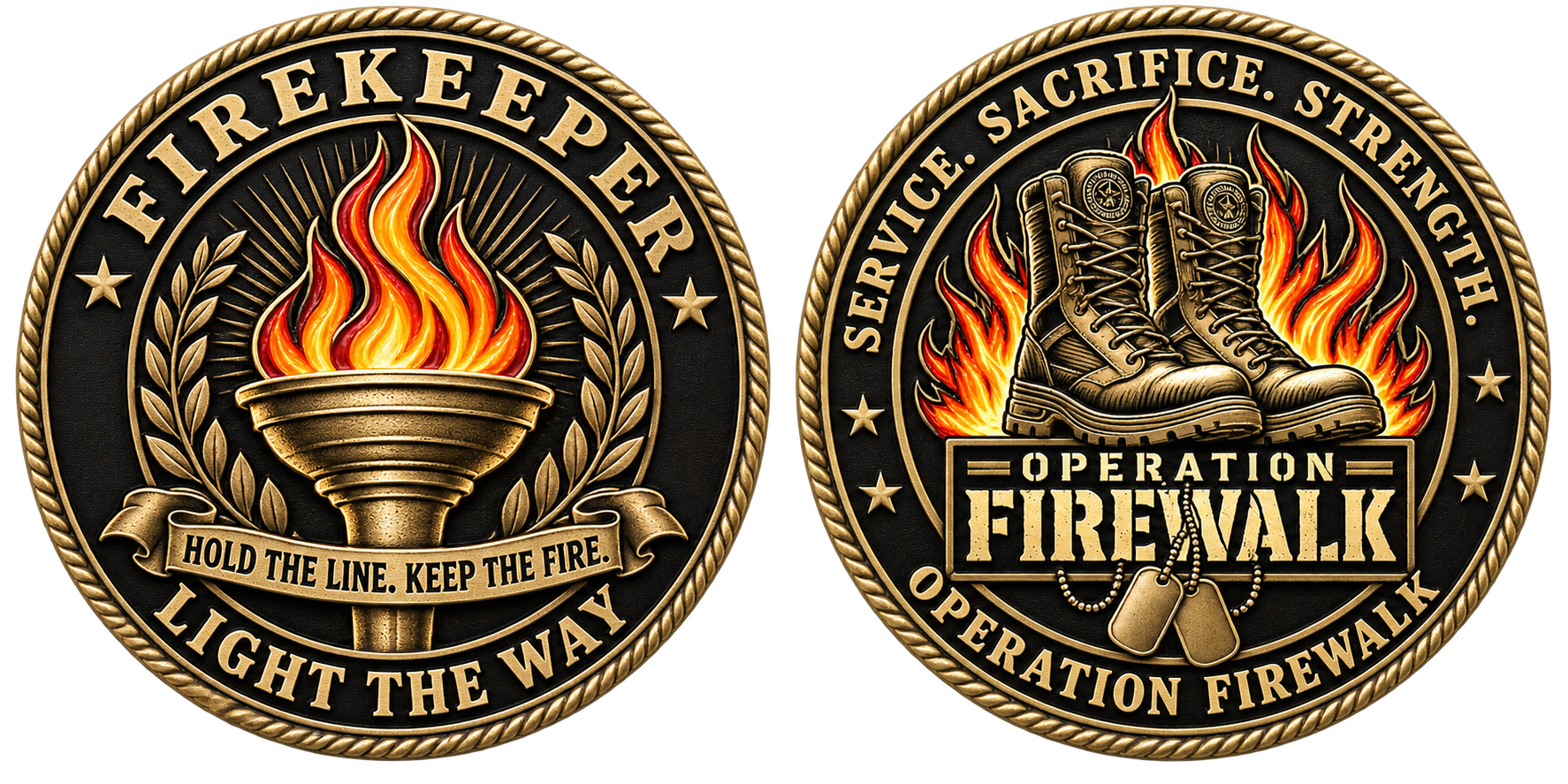 Firekeeper coin concept. Front: a lit torch with the words Firekeeper and Light the Way. Back: the Operation Firewalk boots and flames mark.