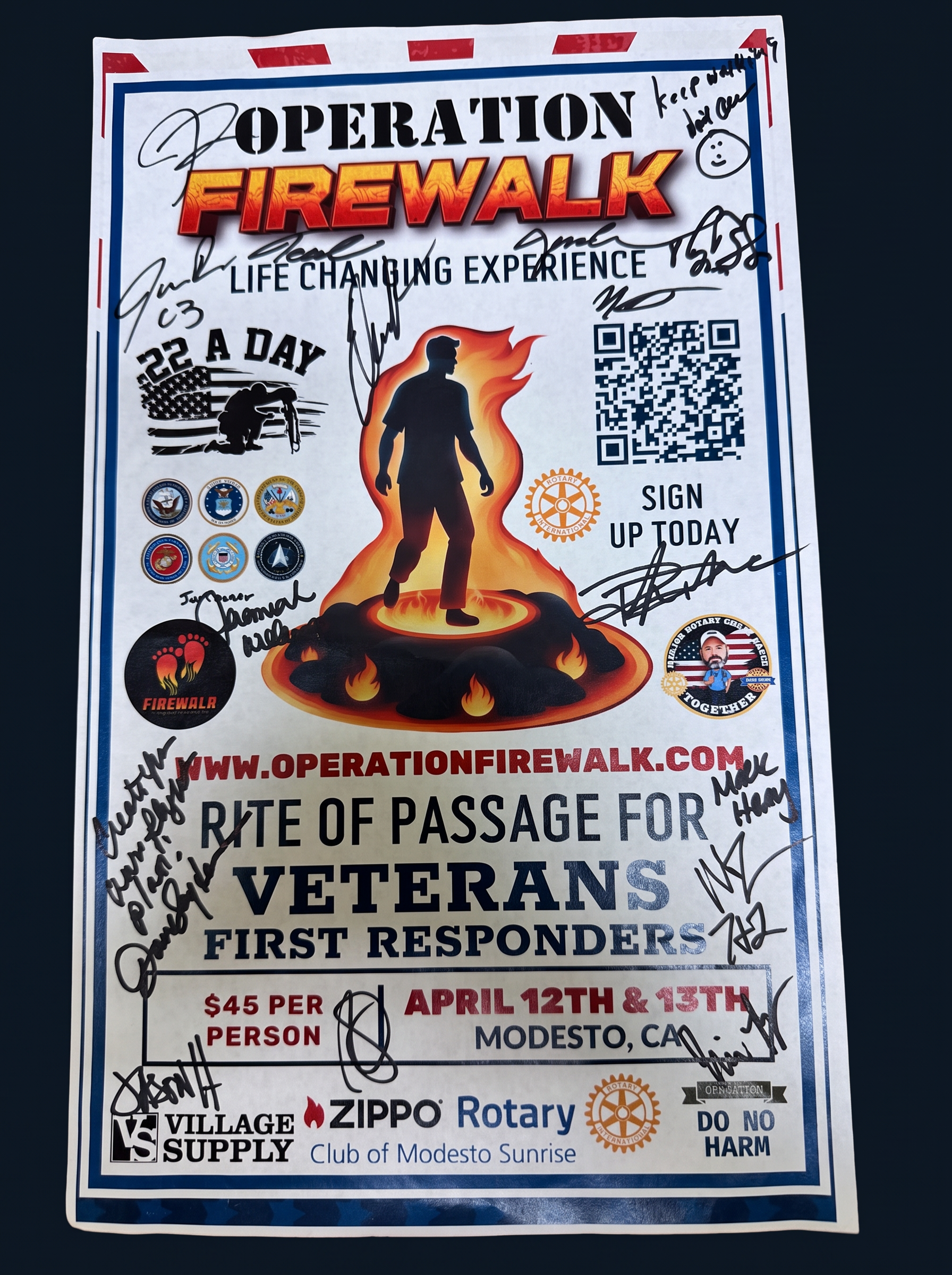 Signed flyer from the first Operation Firewalk in Modesto, April 12 and 13