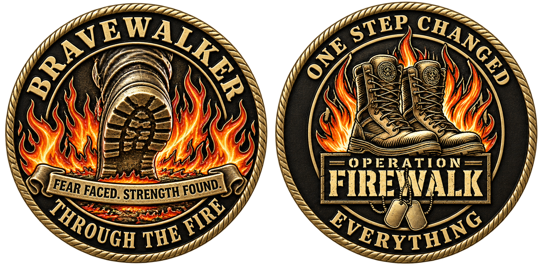 Brave Walker coin concept. Front: a boot stepping through fire with the words Bravewalker and Through the Fire. Back: the Operation Firewalk mark with One Step Changed Everything.