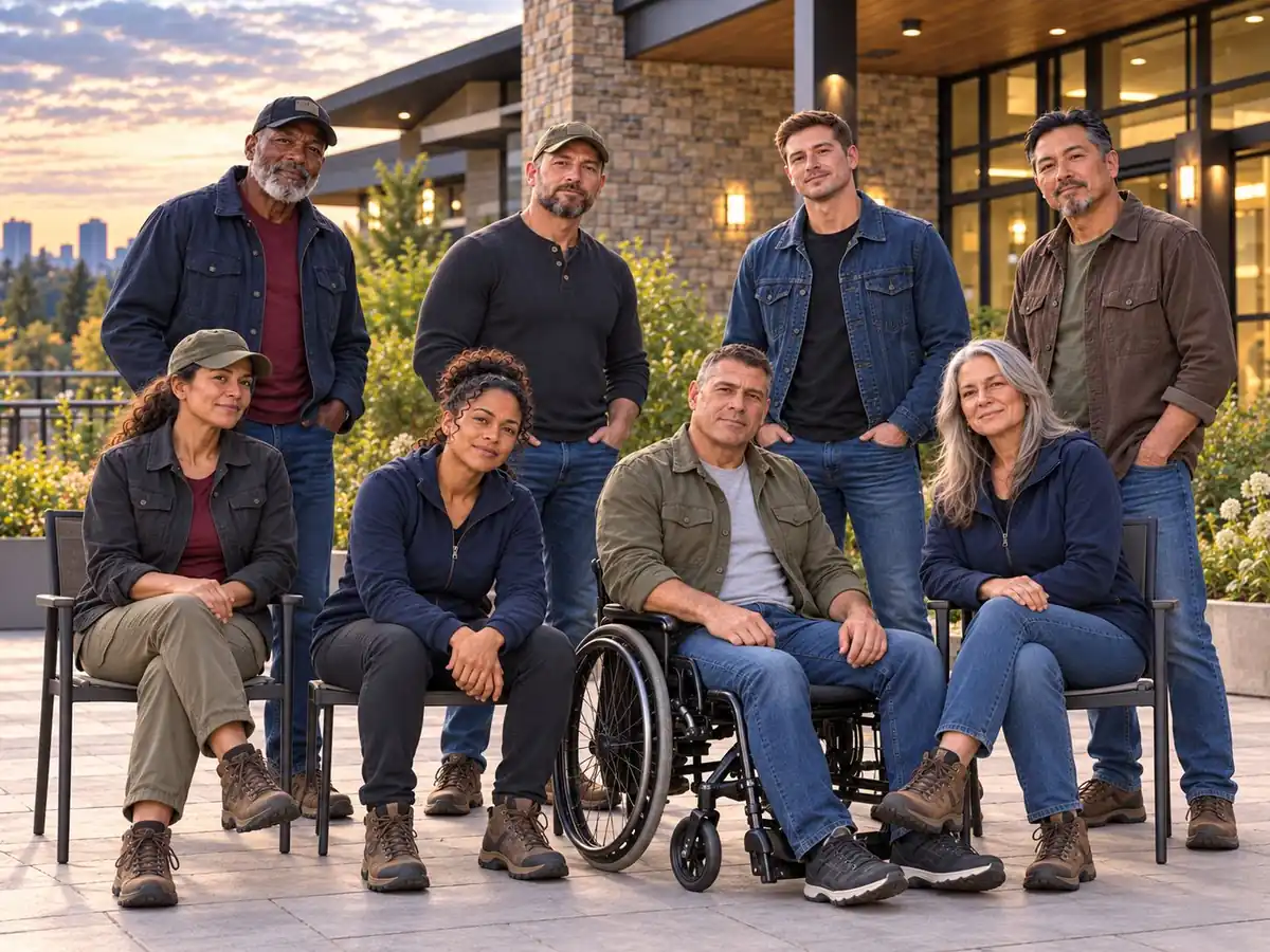 A diverse group of Veterans, including one in a wheelchair, gathered together outdoors at sunset